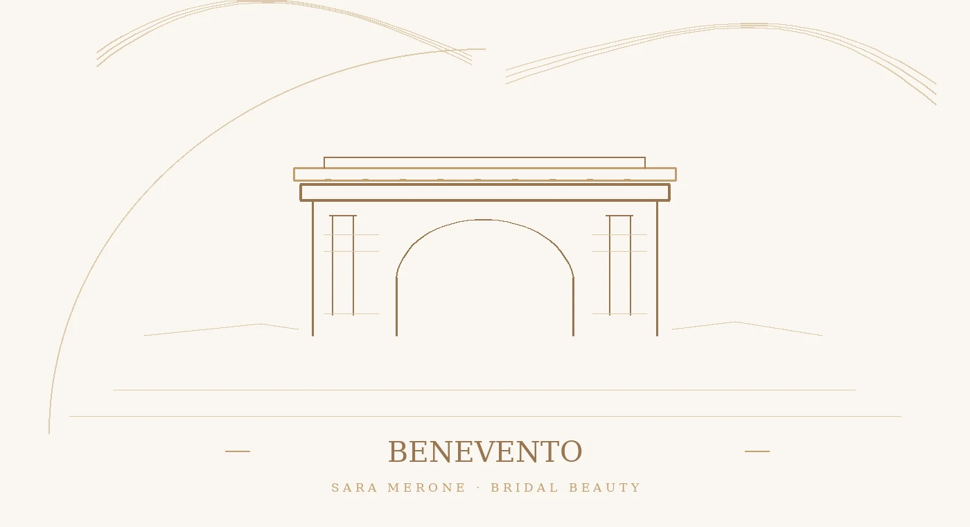 Illustrazione a contorno in oro champagne: Benevento, paesaggio e simboli del territorio