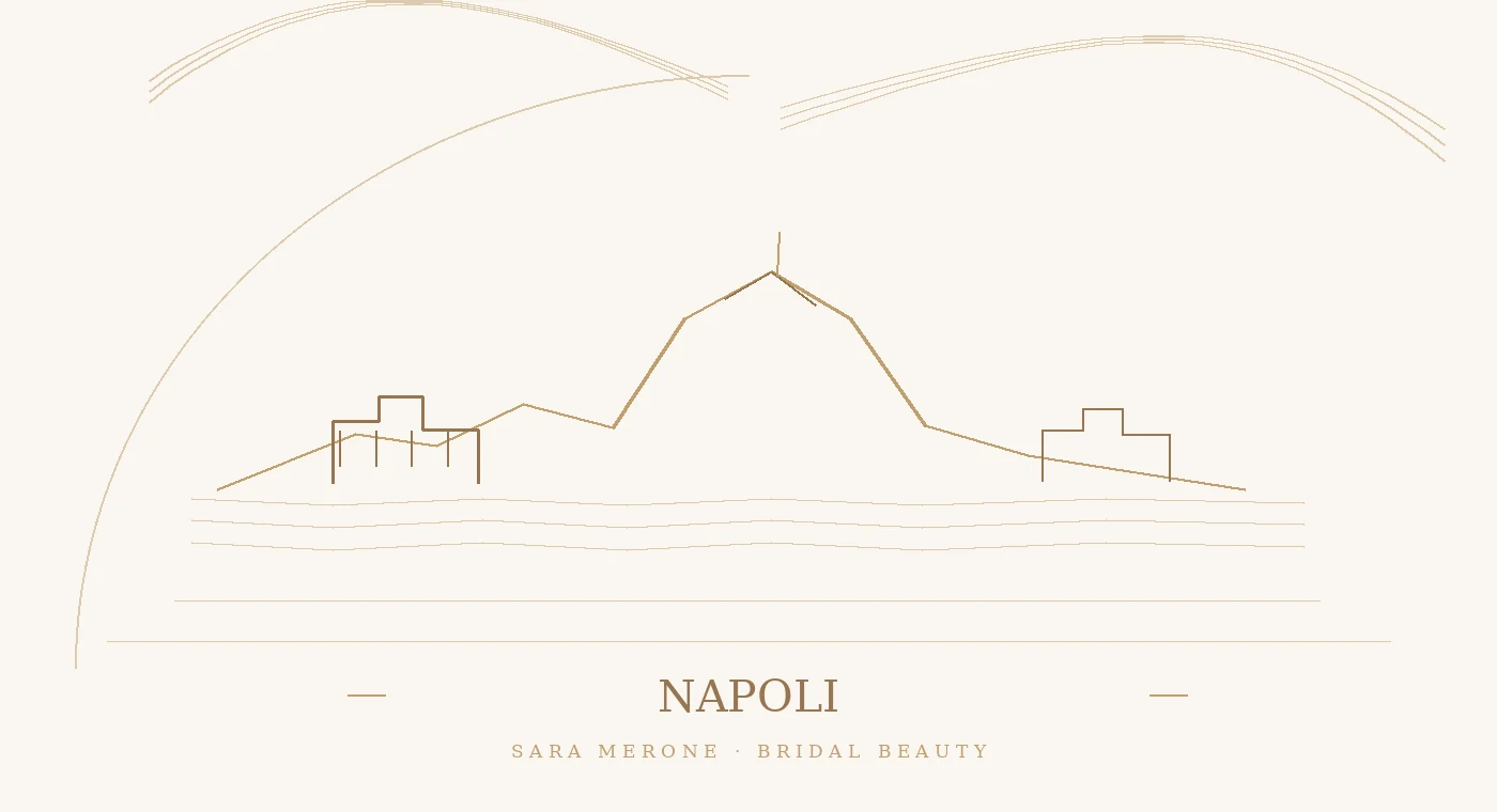 Illustrazione a contorno in oro champagne: Napoli, paesaggio e simboli del territorio