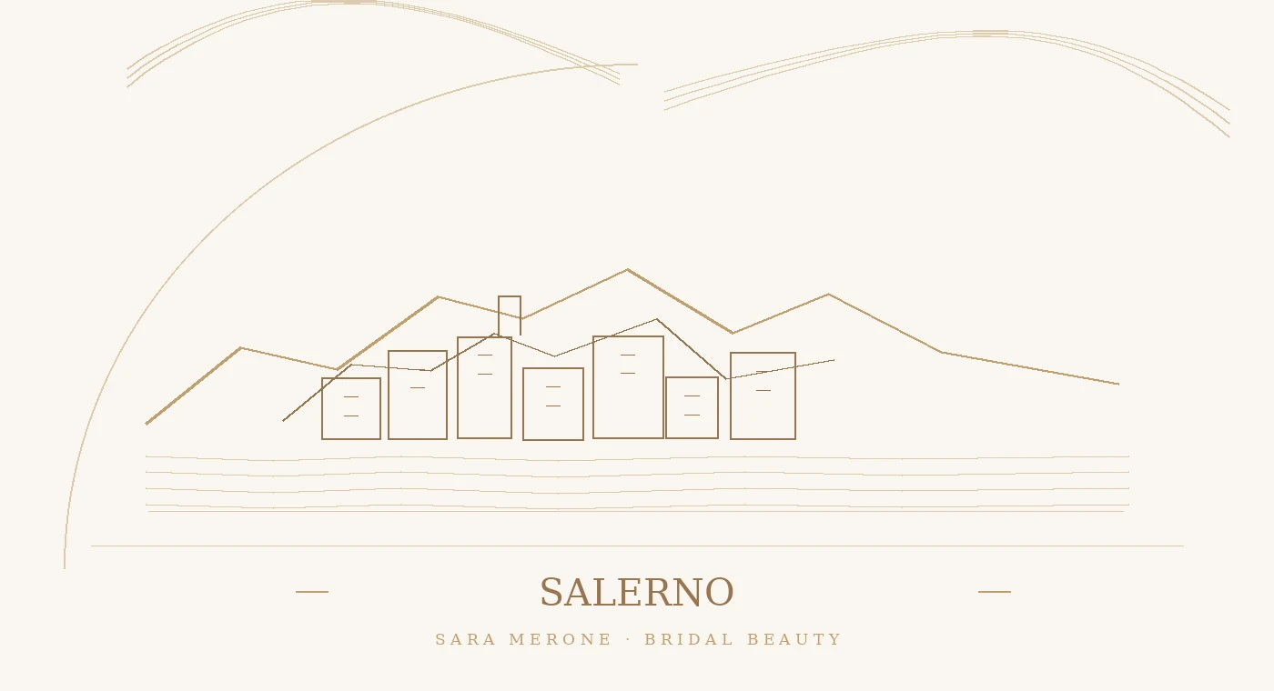 Illustrazione a contorno in oro champagne: Salerno, paesaggio e simboli del territorio