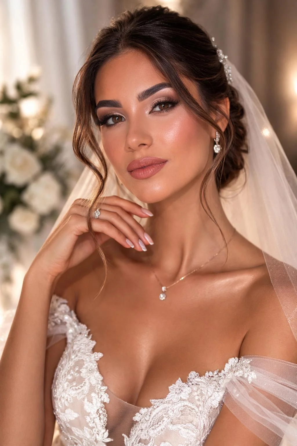 Primo piano di una sposa con trucco occhi sfumato, incarnato luminoso e rossetto rosa