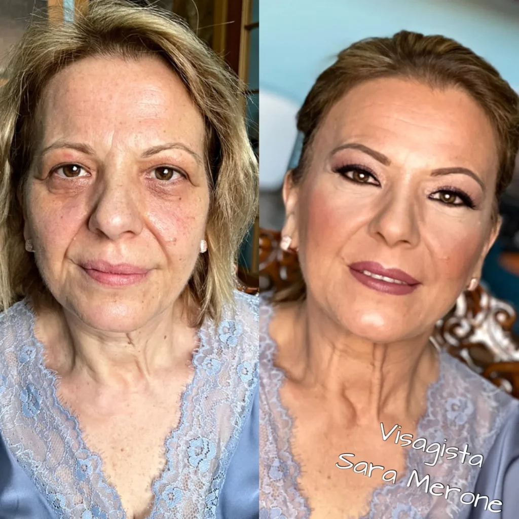 Prima e dopo il trucco di una donna con capelli corti, ombretto sfumato e labbra color malva