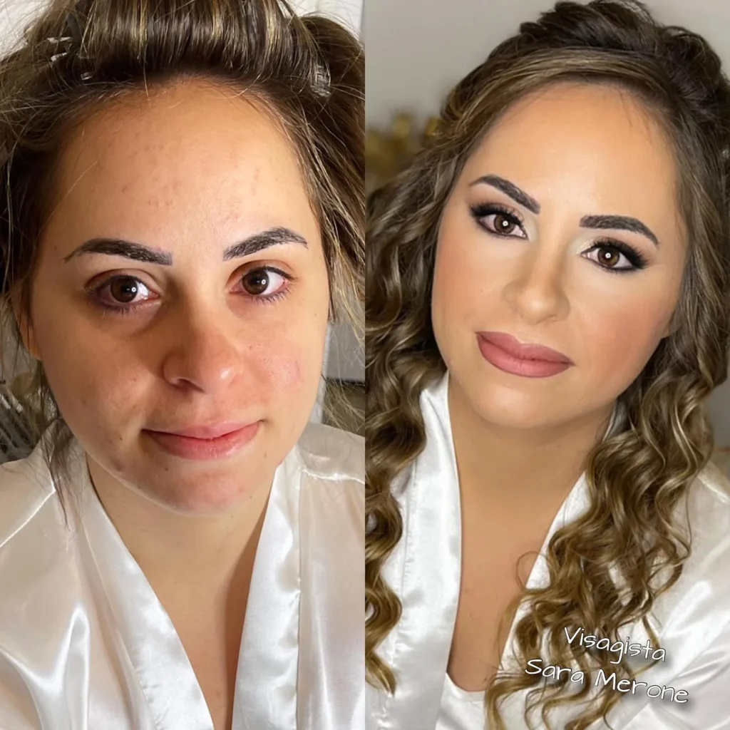 Sposa prima e dopo il make-up con riccioli castani, eyeliner definito e rossetto rosa