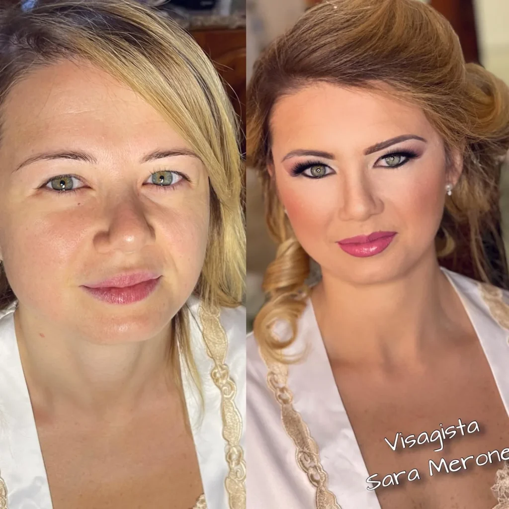 Prima e dopo un make-up da cerimonia con ombretto viola e rossetto color lampone