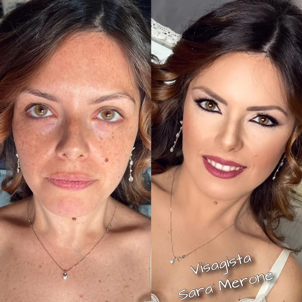 Ritratto prima e dopo il trucco con eyeliner nero, incarnato uniforme e labbra rosate