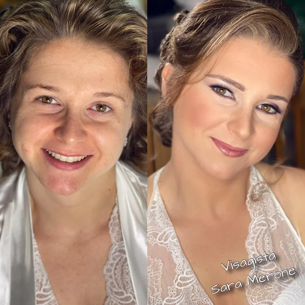 Prima e dopo trucco sposa naturale con ombretto lilla e capelli raccolti