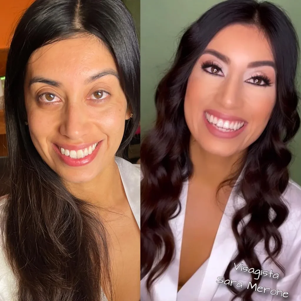 Confronto prima e dopo un look luminoso con ciglia evidenti e capelli scuri ondulati