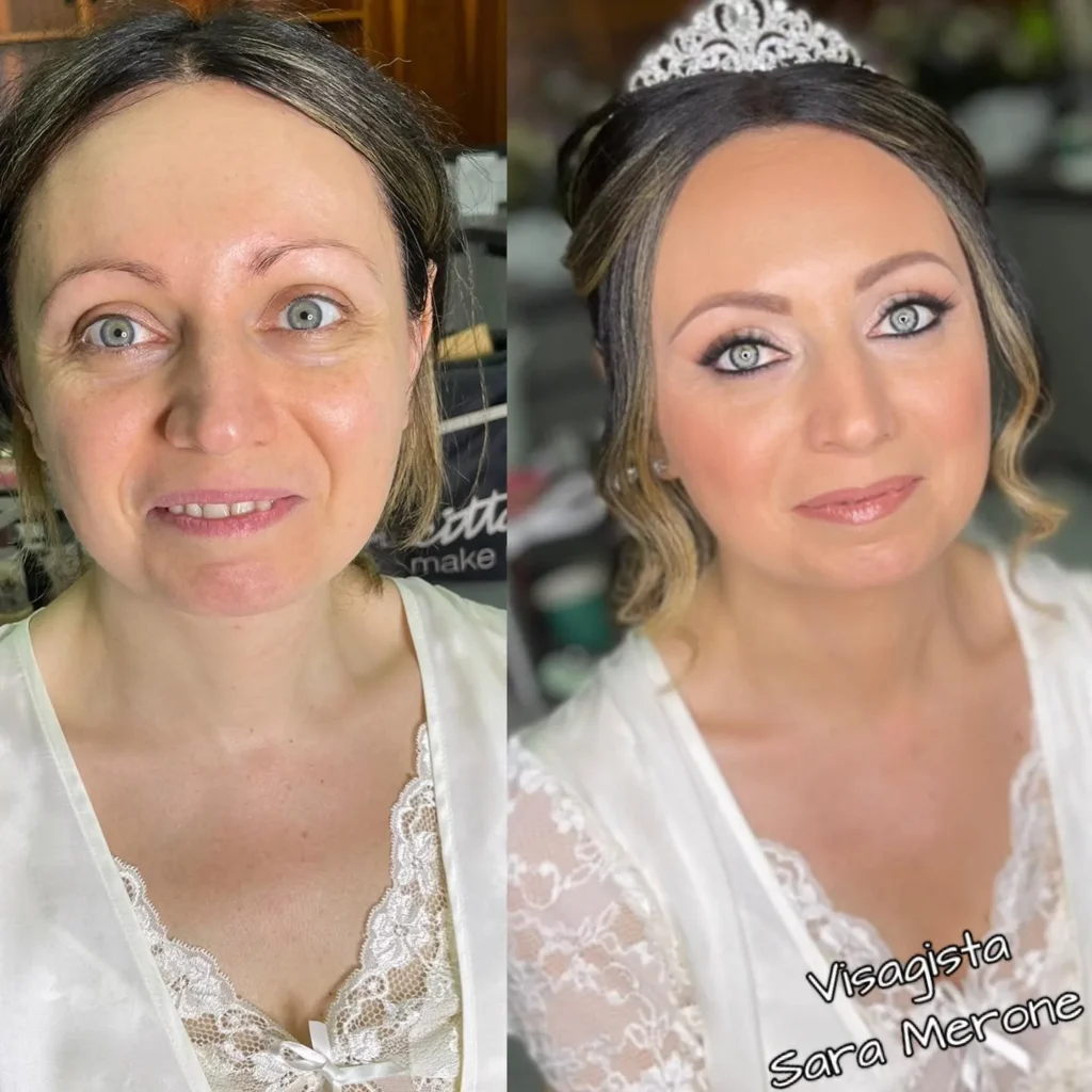 Sposa con tiara prima e dopo un make-up delicato che valorizza gli occhi chiari