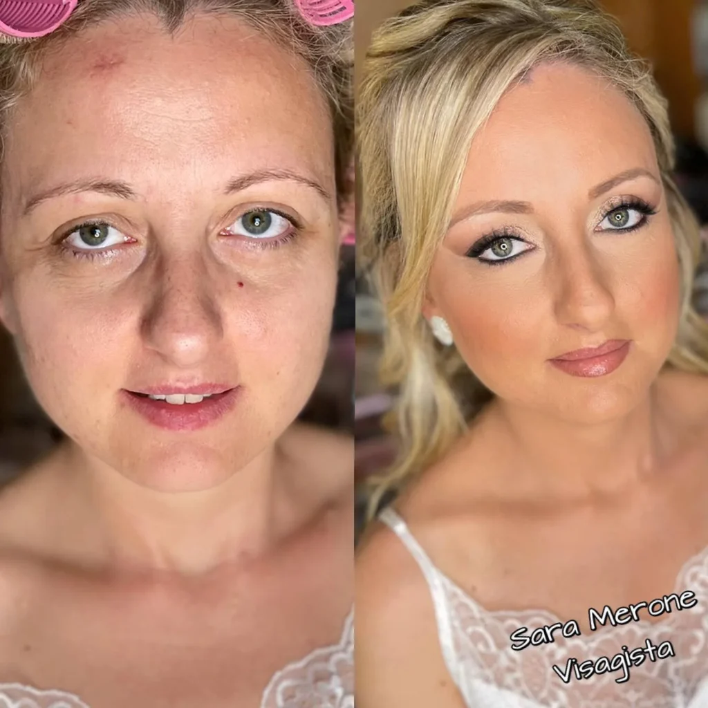 Prima e dopo make-up da sposa per occhi chiari con base luminosa e labbra nude