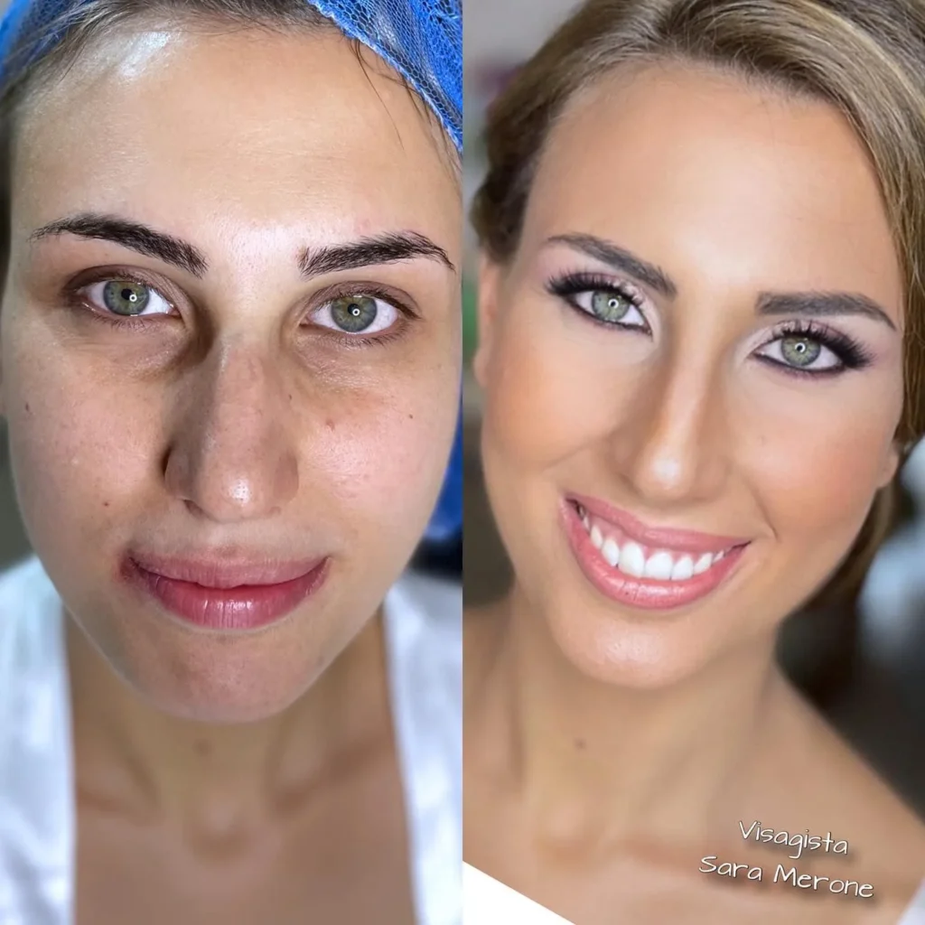 Confronto prima e dopo un make-up sposa rosato con ciglia definite e occhi verdi