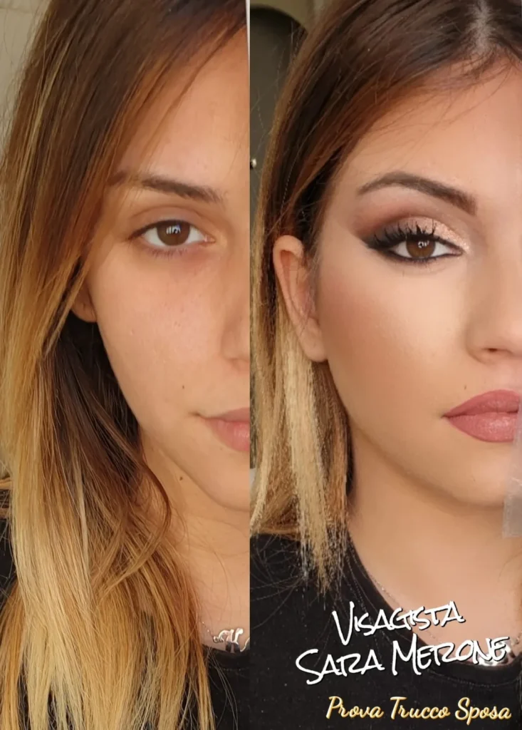 Prova trucco sposa prima e dopo con ombretto bronzo e sfumatura marrone