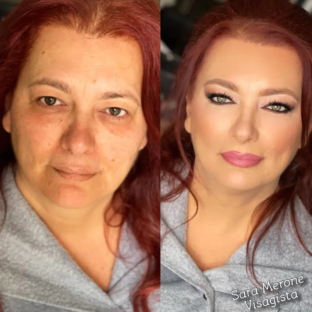 Prima e dopo trucco per donna dai capelli rossi con ombretto rosato e ciglia lunghe