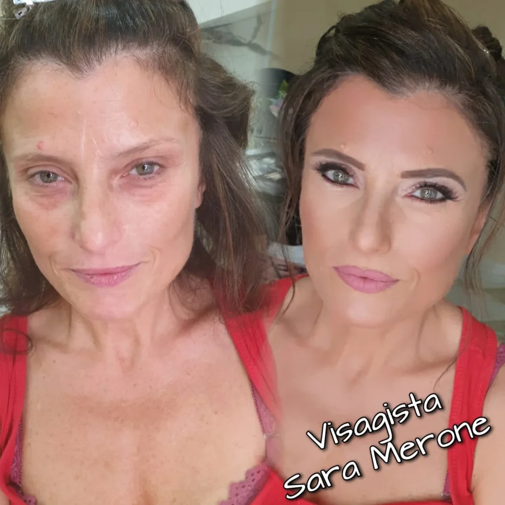 Trasformazione prima e dopo trucco da cerimonia con occhi sfumati e labbra rosa
