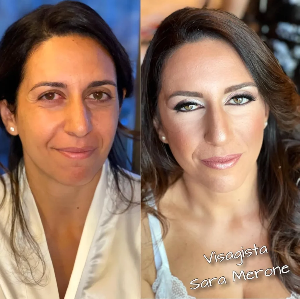 Prima e dopo make-up elegante con ombretto grigio argento e ciglia definite