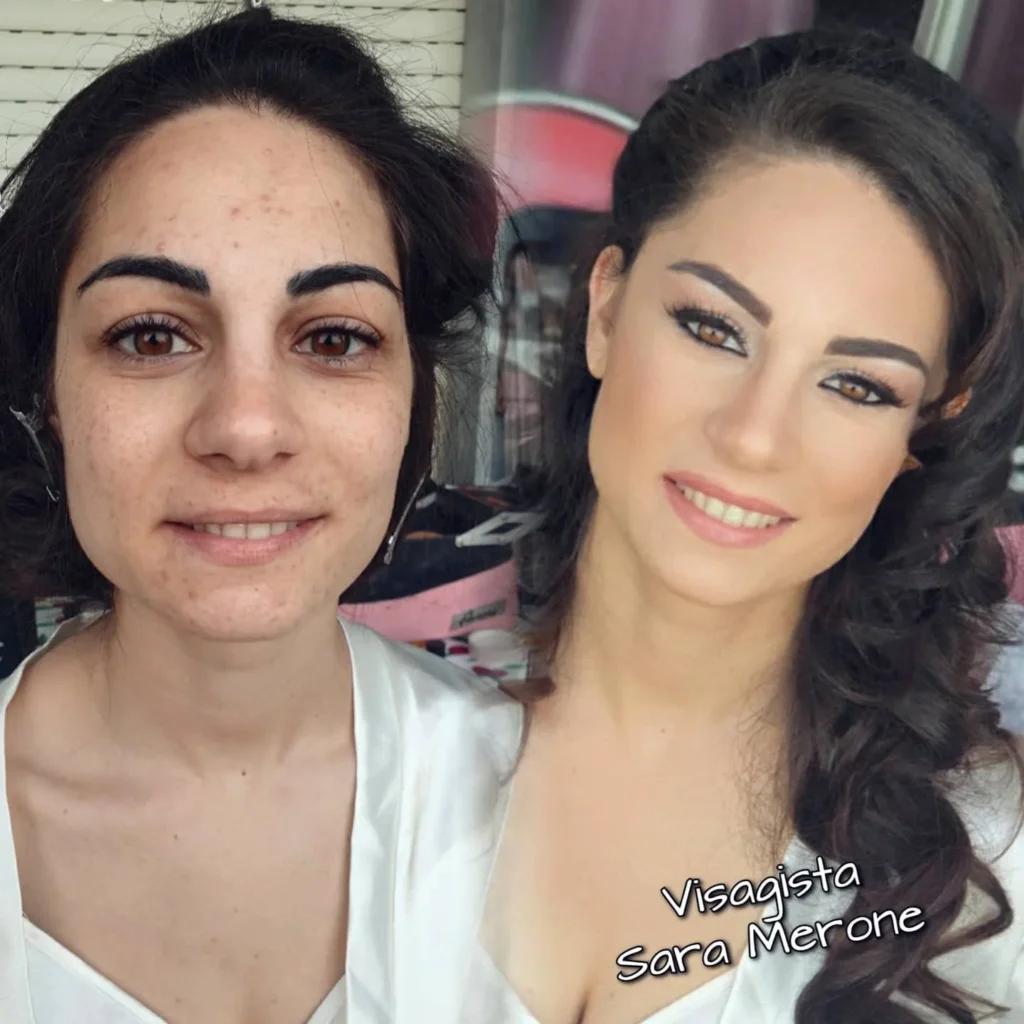 Confronto prima e dopo make-up con eyeliner e morbidi ricci castani