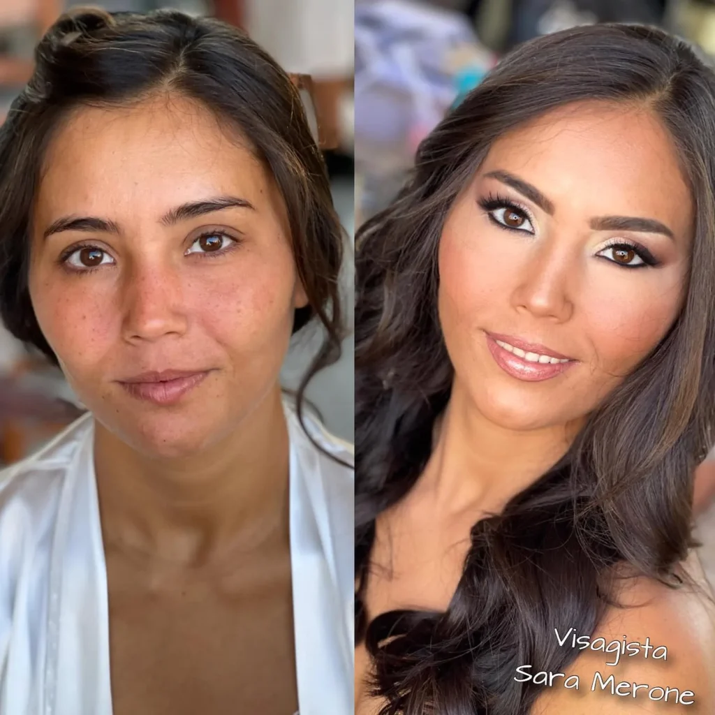 Prima e dopo trucco sposa soft glam con occhi bronzo e capelli scuri ondulati