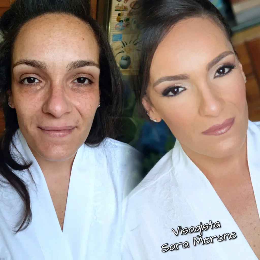 Prima e dopo trucco elegante con occhi sfumati color tortora e labbra nude