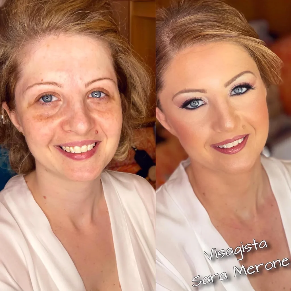 Ritratto prima e dopo trucco da evento con occhi chiari e ombretto rosa