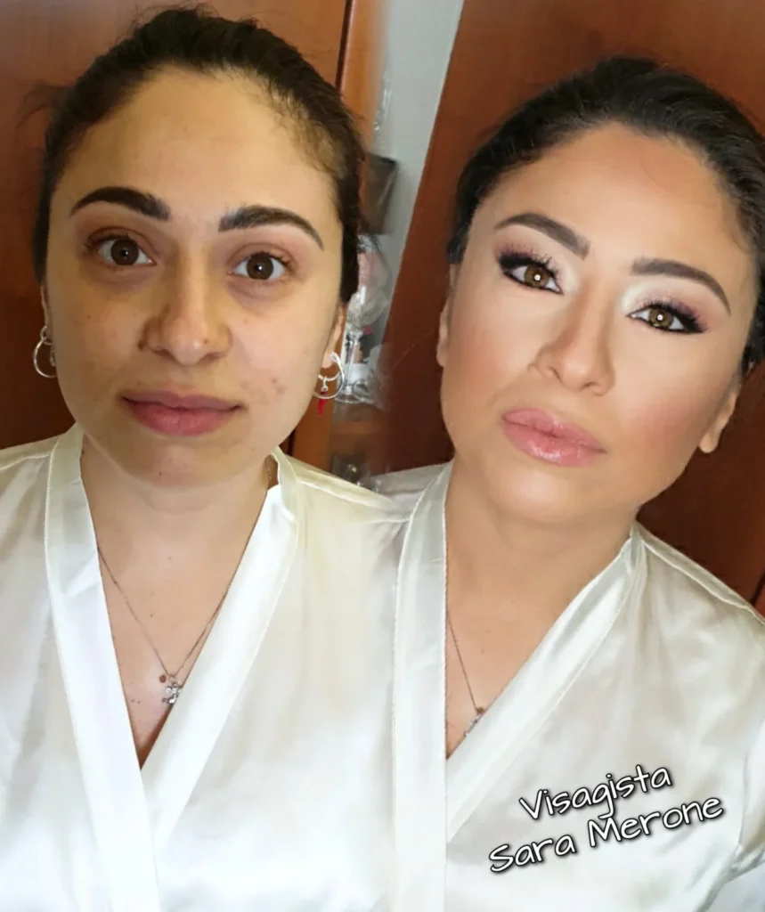 Prima e dopo trucco sposa luminoso con ciglia folte e labbra rosa chiaro