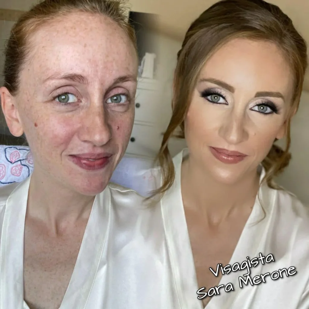 Prima e dopo trucco sposa con occhi chiari, sfumatura violacea e base uniforme