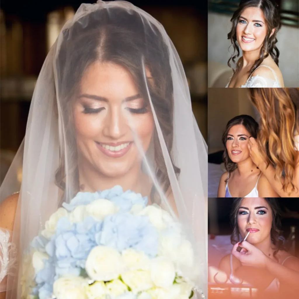 Collage di una sposa con velo e bouquet bianco azzurro durante il matrimonio
