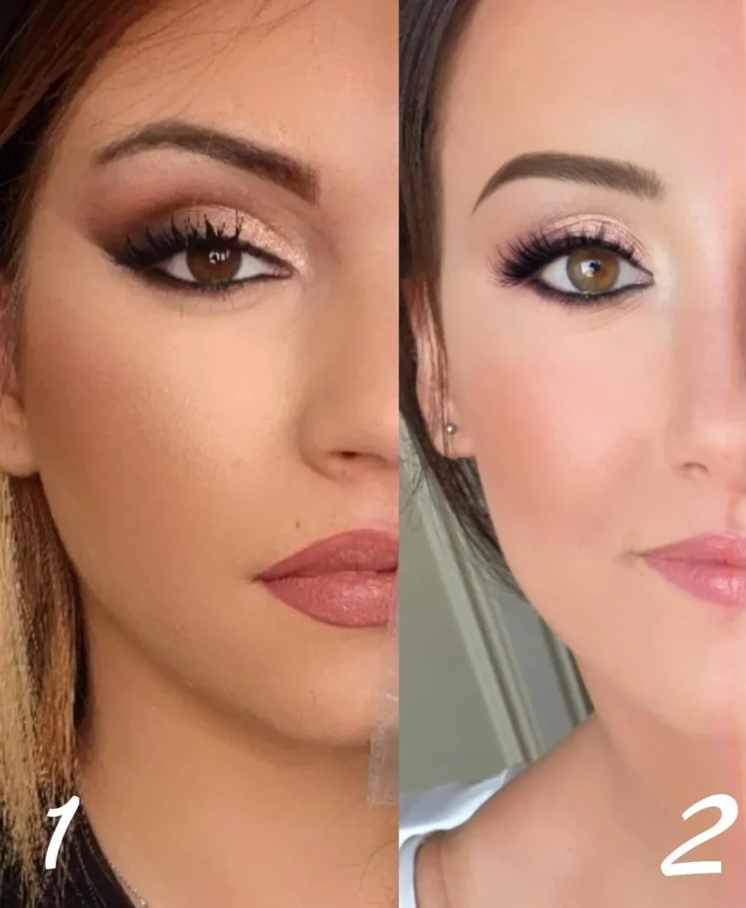 Confronto di due look occhi con ombretto rosato, eyeliner e ciglia folte